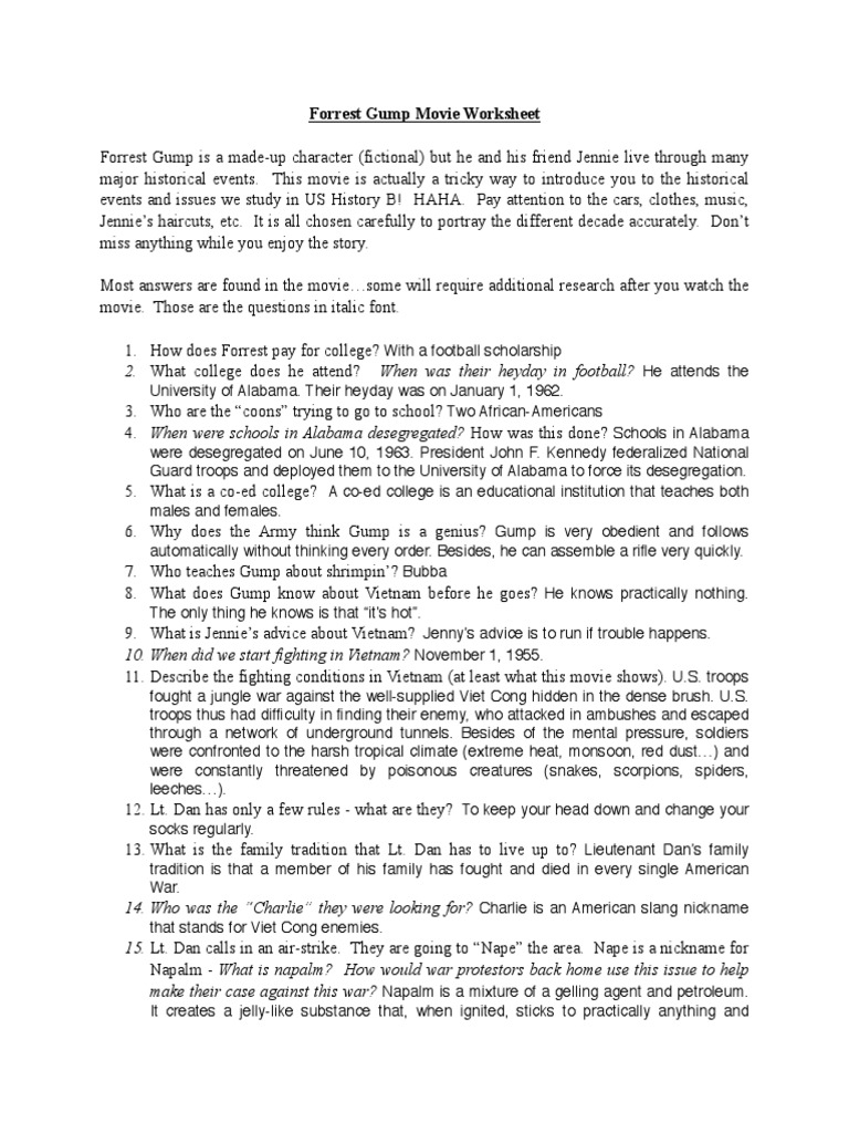 Printables Forrest Gump Worksheet forrest gump worksheet black panther party vietnam war