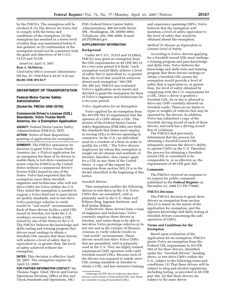 Notice Motor Carrier Safety Standards Commercial Driver's License