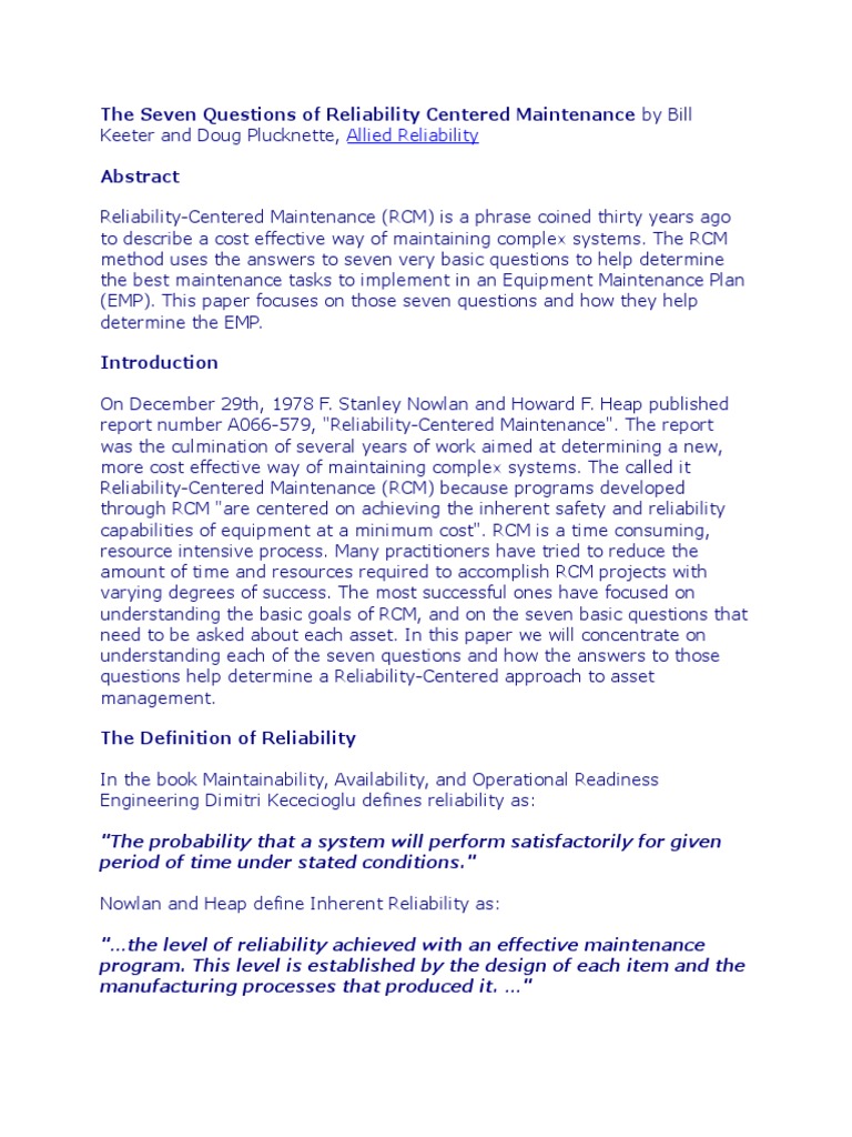 Seven Questions of RCM Explained | PDF | Reliability Engineering ...