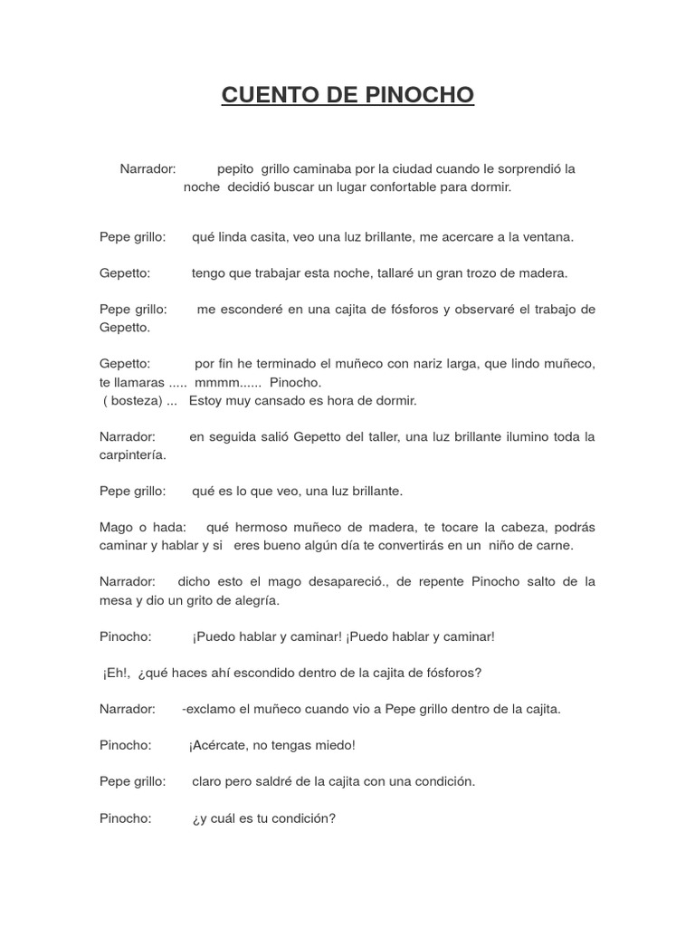 Guión Cuento de Pinocho Pinocho Ocio