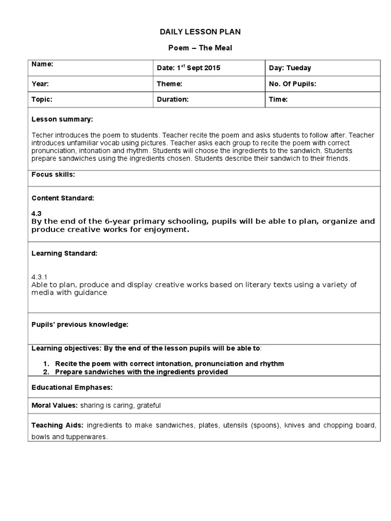 KSSR Poem Year 5 The Meal | PDF | Lesson Plan | Teachers