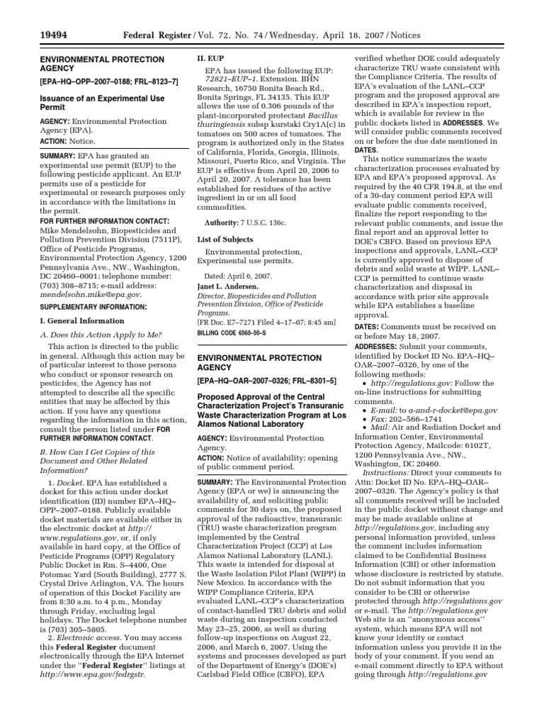 EPA Grants Experimental Use Permit for Pesticide | PDF | Waste ...