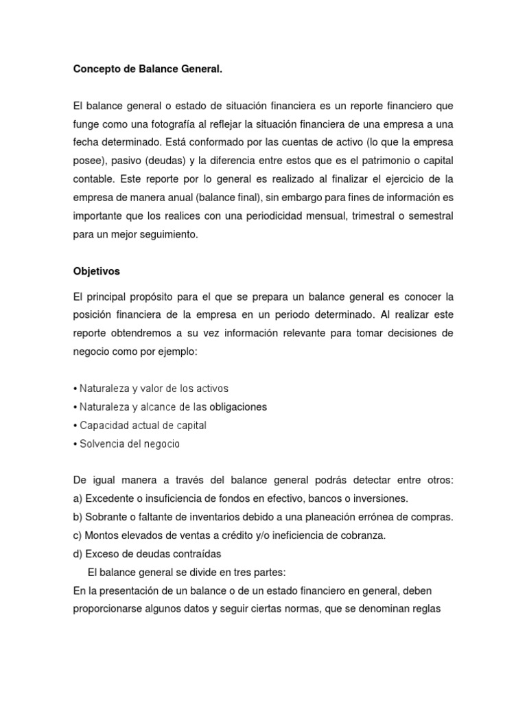 Estructura y Objetivos del Balance General | PDF | Hoja de balance ...
