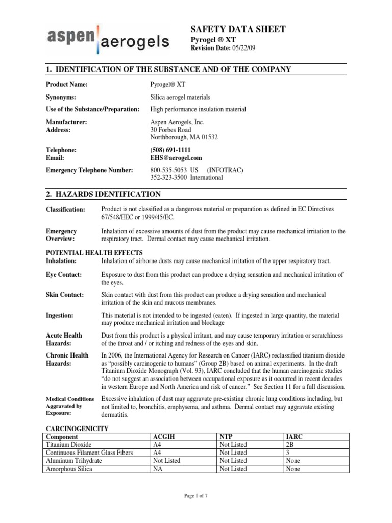 Pyrogel Xt Msds Silicon Dioxide Titanium Dioxide Prueba