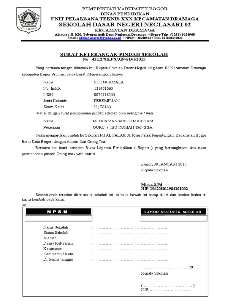 Contoh Surat Keterangan Pindah Sekolah