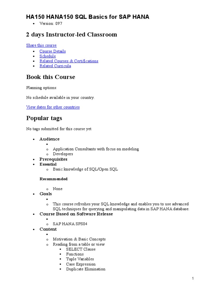 SQL Basics for SAP HANA Course | PDF | Computers