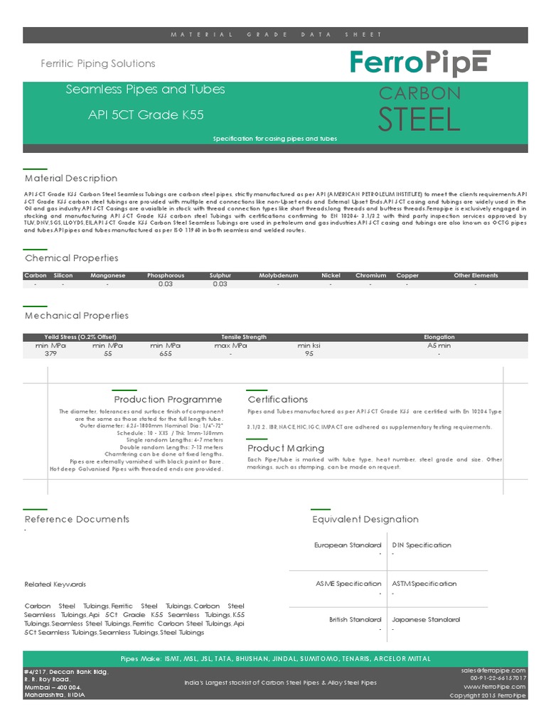 API 5ct Grade k55 Tubings PDF Pipe (Fluid Conveyance) Steel