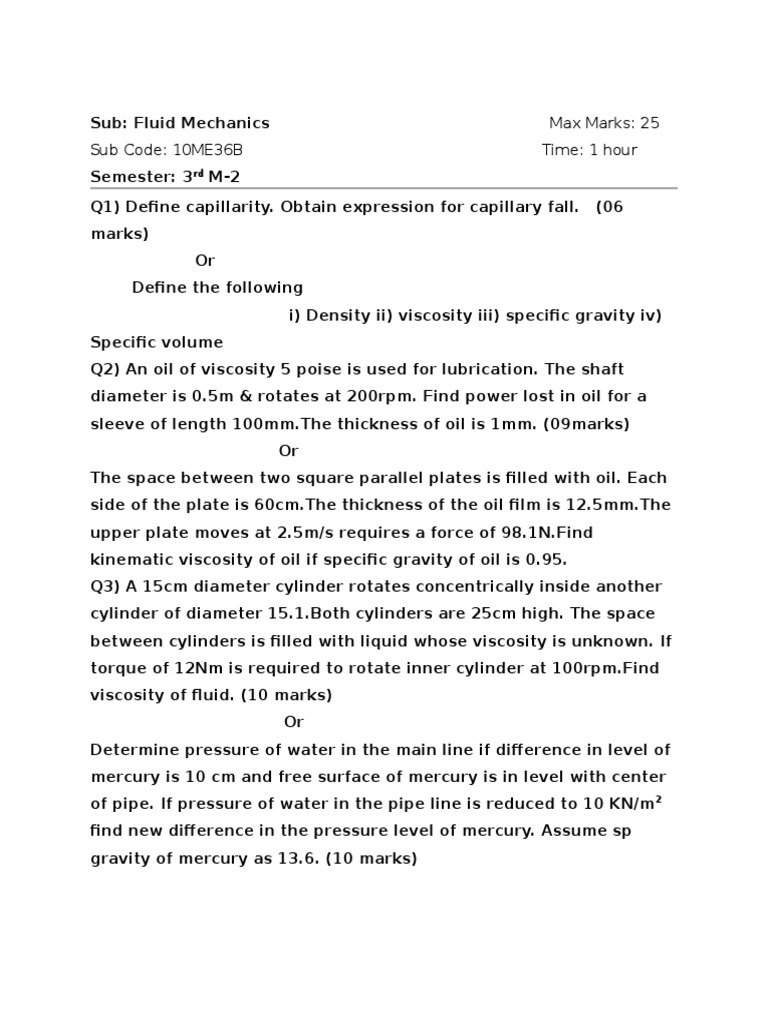 Fluid Mechanics Exam Questions and Solutions | PDF