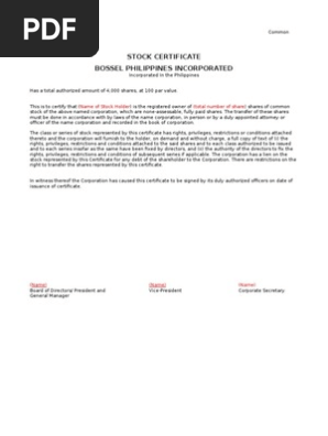 Certificate of Stock Bossel Philippines Incorporated