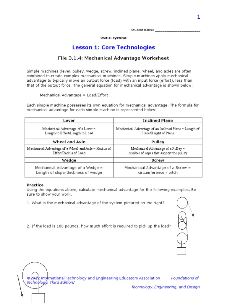 3 1 4 B Mechanical Advantage Worksheet Machines Mechanical Engineering