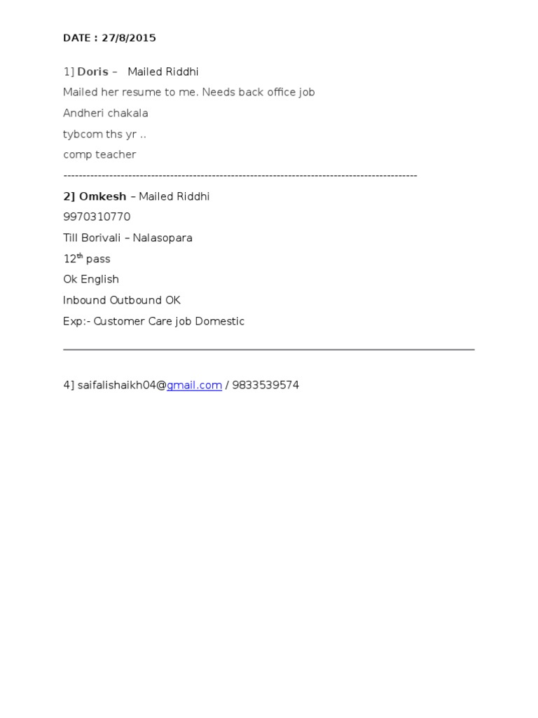 1) Doris - Mailed Her Resume To Me. Needs Back Office Job Andheri ...