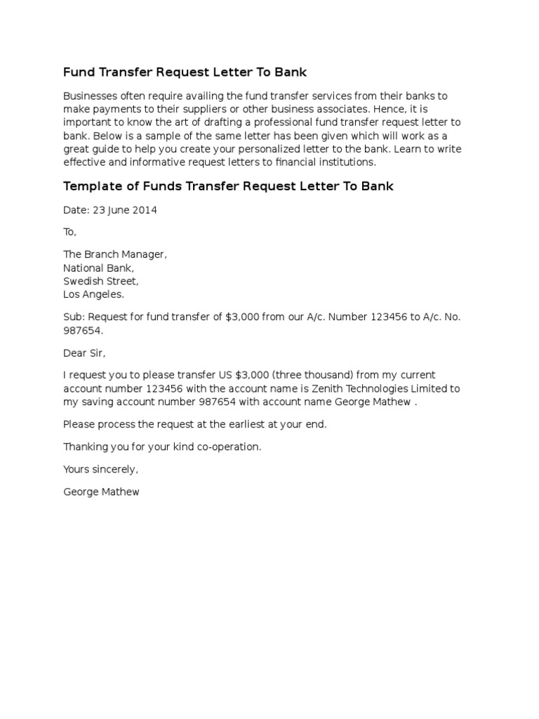Fund Transfer Request Letter to Bank