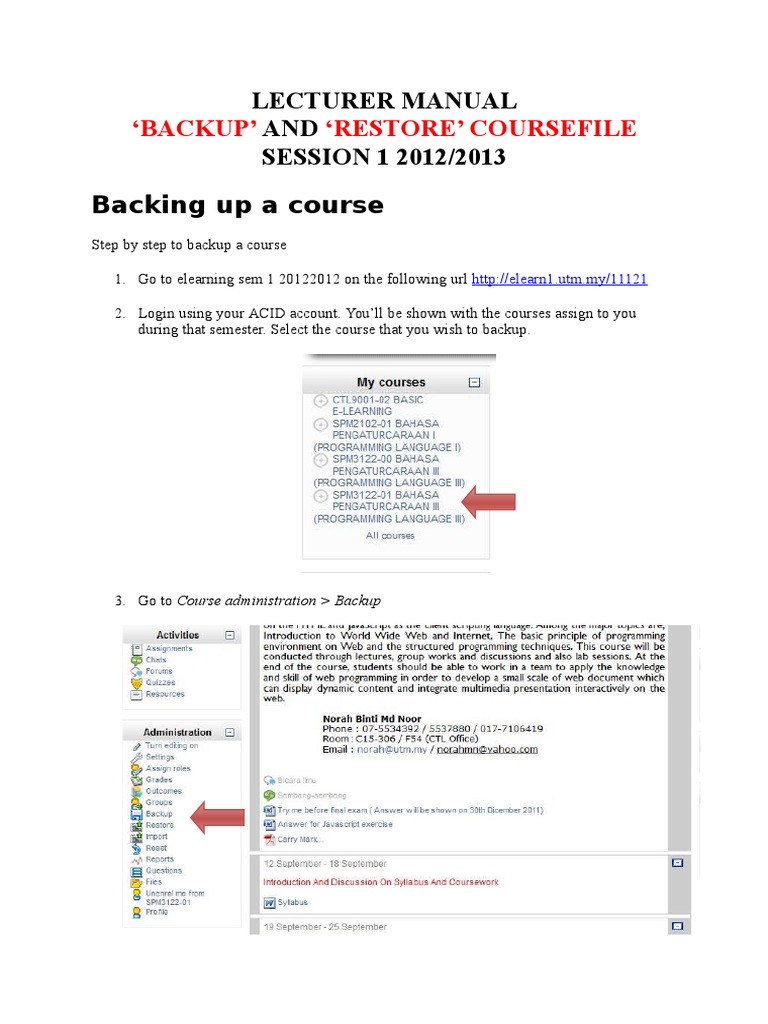 Backup' Restore' Coursefile: Lecturer Manual AND SESSION 1 2012/2013 ...