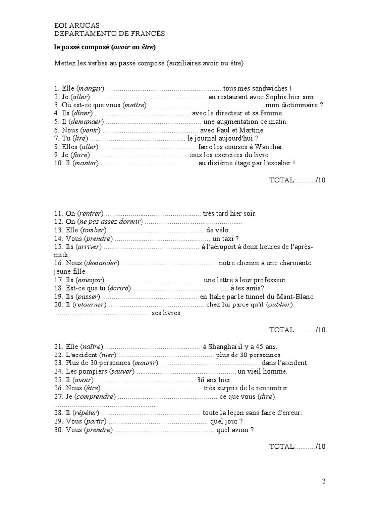 Dossier Passé Composé Avec Avoir Ou être Exercices Pdf