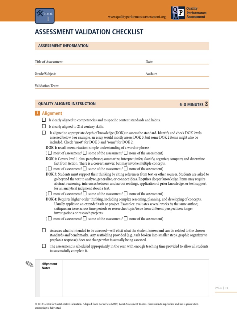 Tool1 Assessment Validation Checklist | PDF | Educational Assessment ...