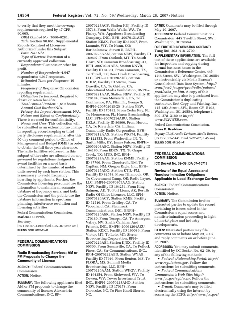 Notice Common Carrier Services Local Exchange Carriers Equal Access