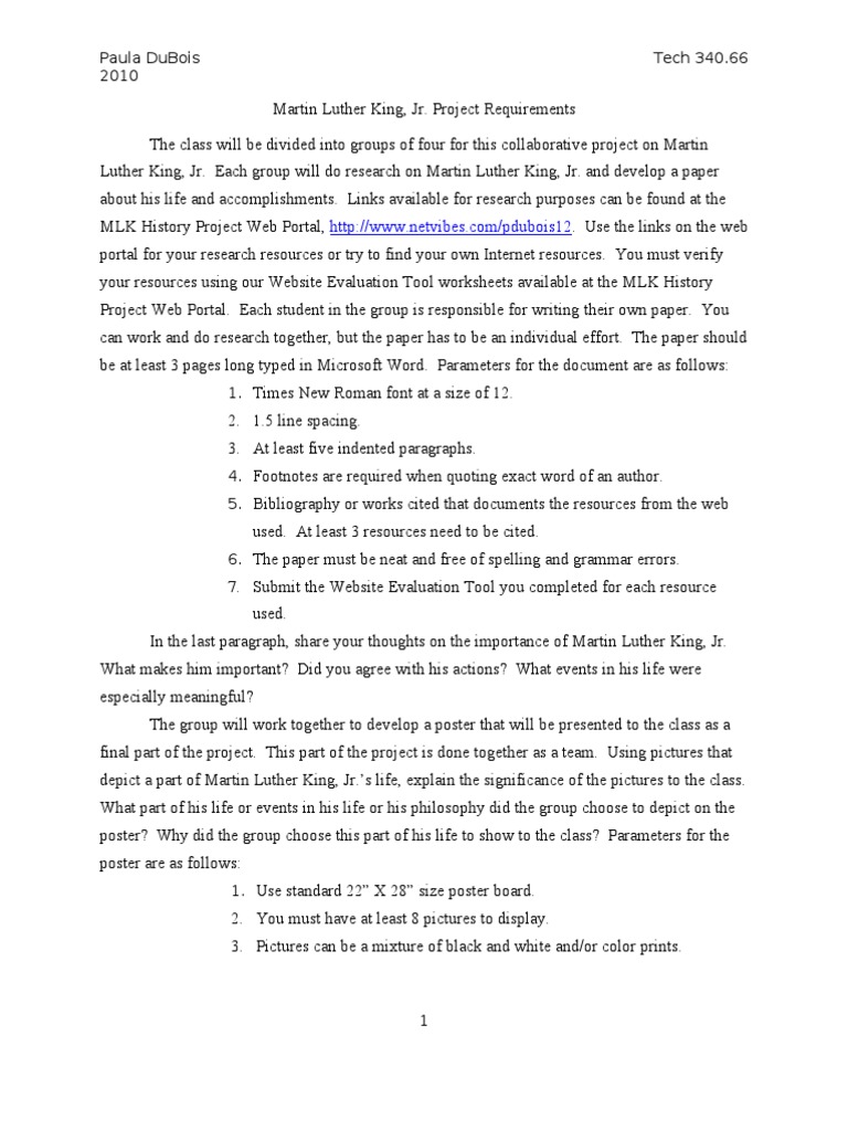 Martin Luther King Jr. Project Guidelines | PDF | Martin Luther King Jr ...