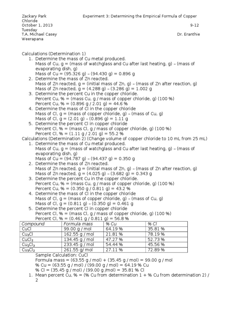 Determining the Empirical Formula of Copper Chloride Chloride
