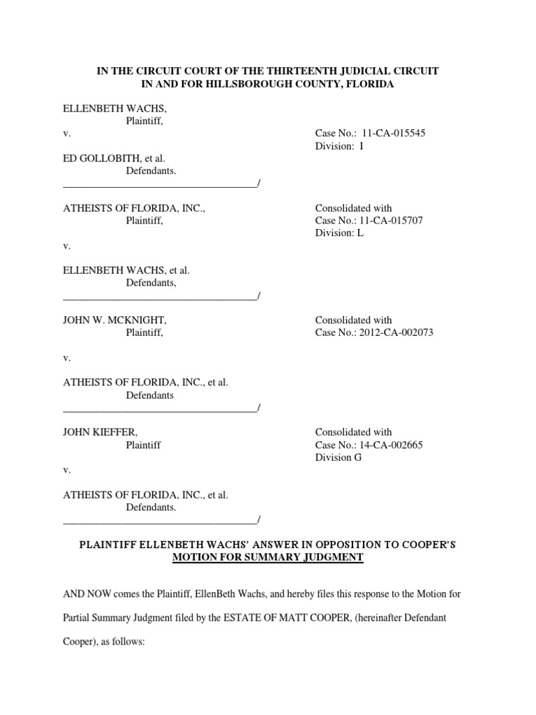 Plaintiff Ellenbeth Wachs' Answer in Opposition To Cooper's Motion For