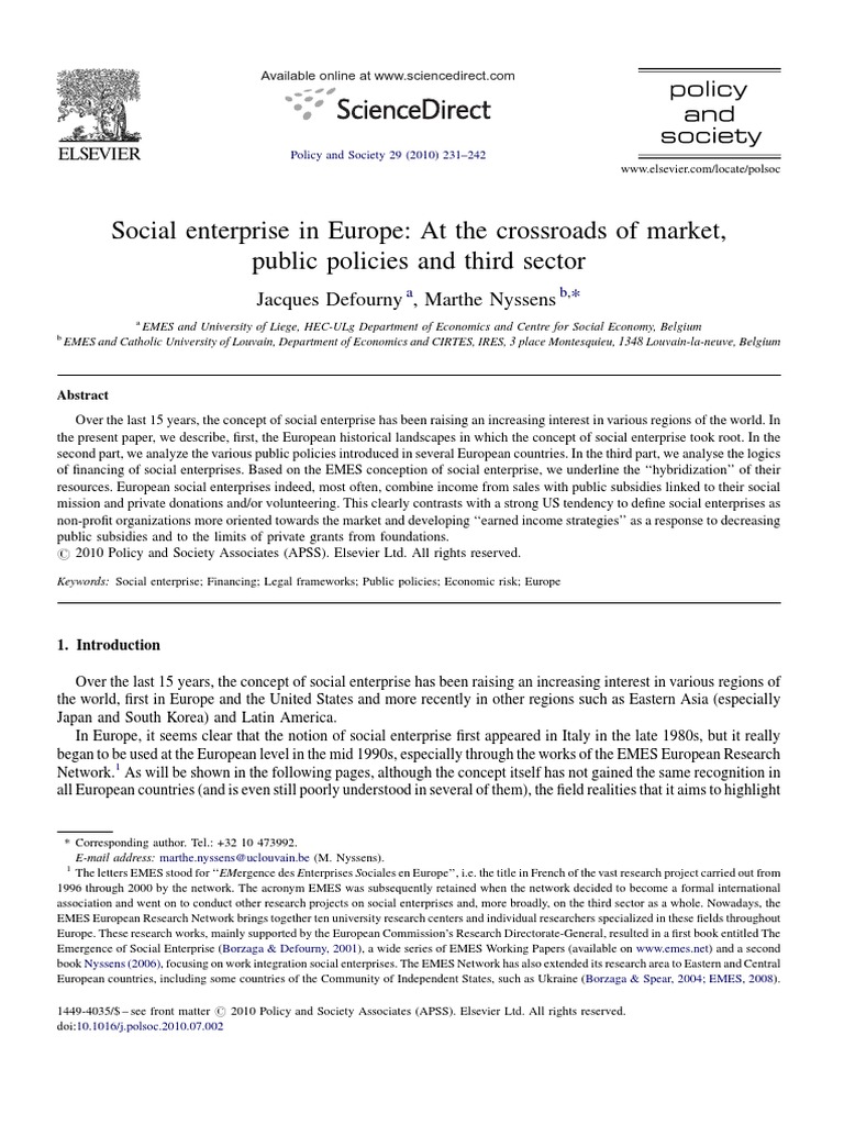 Social Enterprise in Europe. at The Crossroads of Market, Public ...