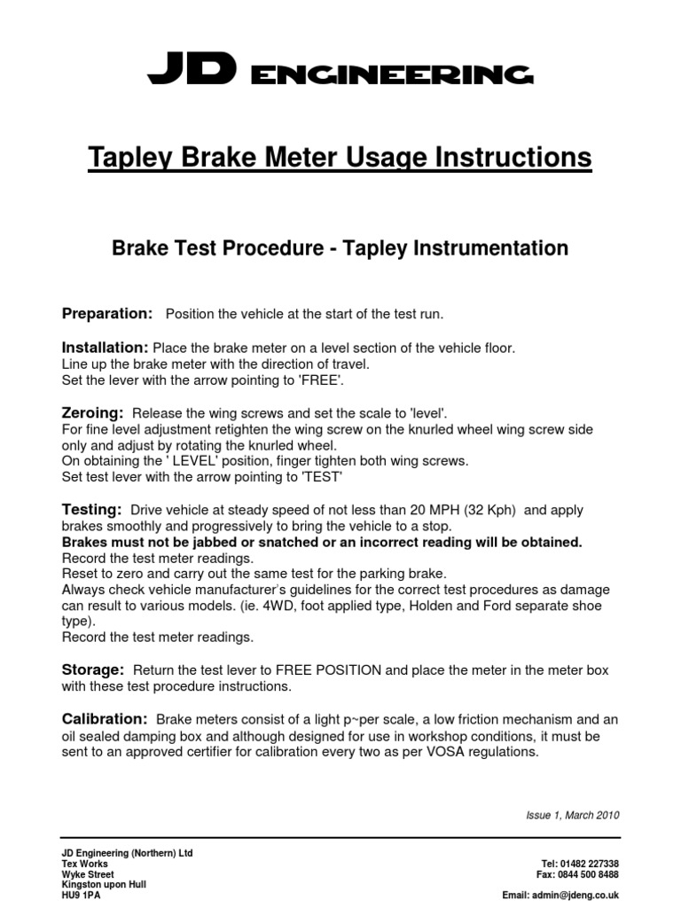 Tapley Brake Meter Usage Instructions PDF Brake Vehicles