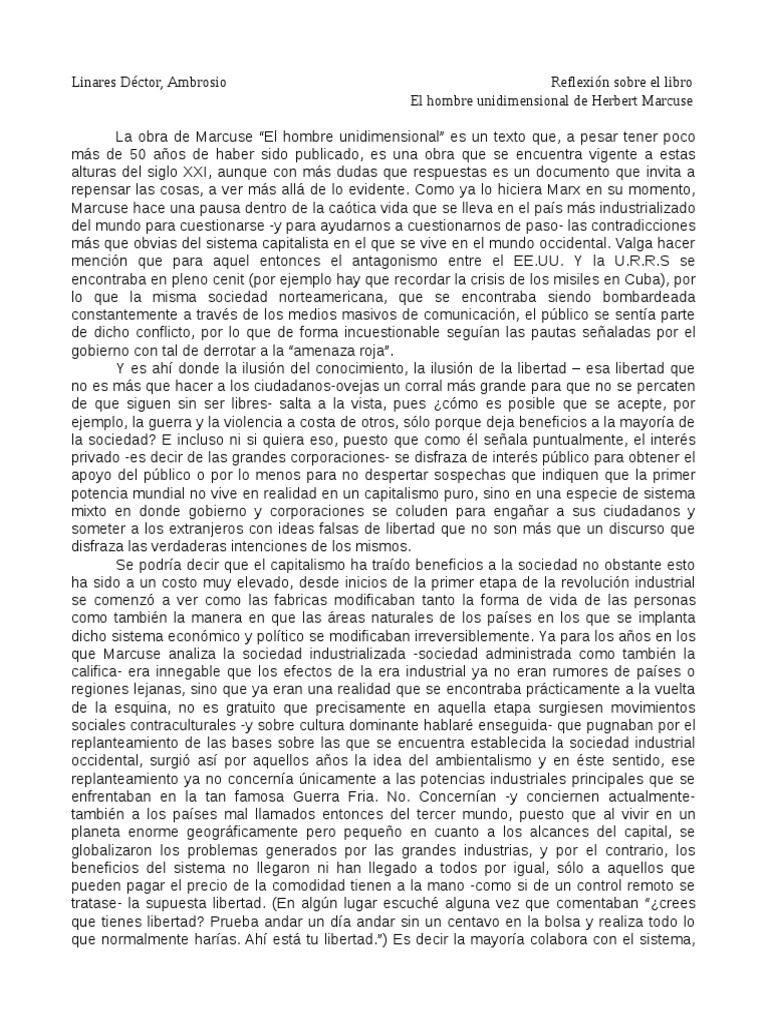 Mi opinión sobre El Hombre Unidimensional de Marcuse