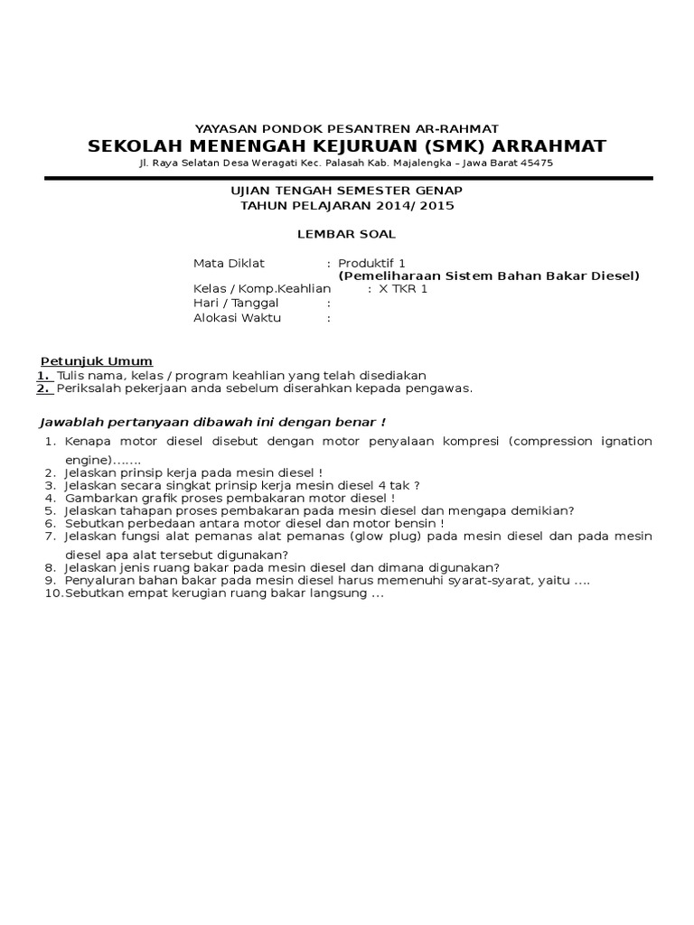 Soal Essay Bahan Bakar Bensin Dan Diesel