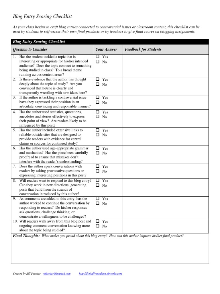 Blog Entry Scoring Checklist Guide | PDF | Blog | Behavior Modification