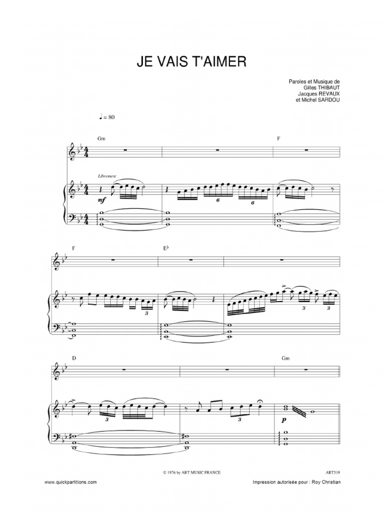 Partition Je Vais T Aimer Pdf Guitare Je Vais T Aimer Partition Piano | PDF