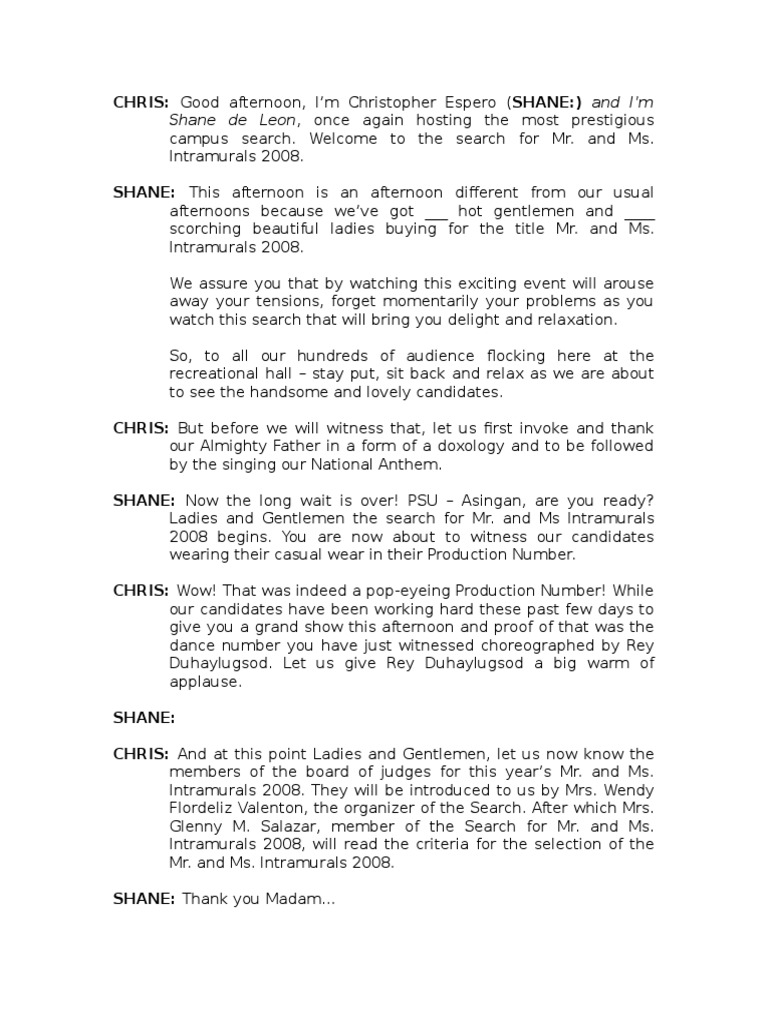 Emcee Script Search For MR and Ms. Intramurals | PDF | Leisure