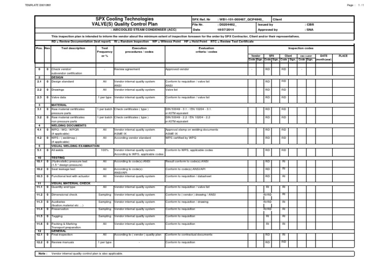 Valves Quality Control Plan PDF Computing And Information