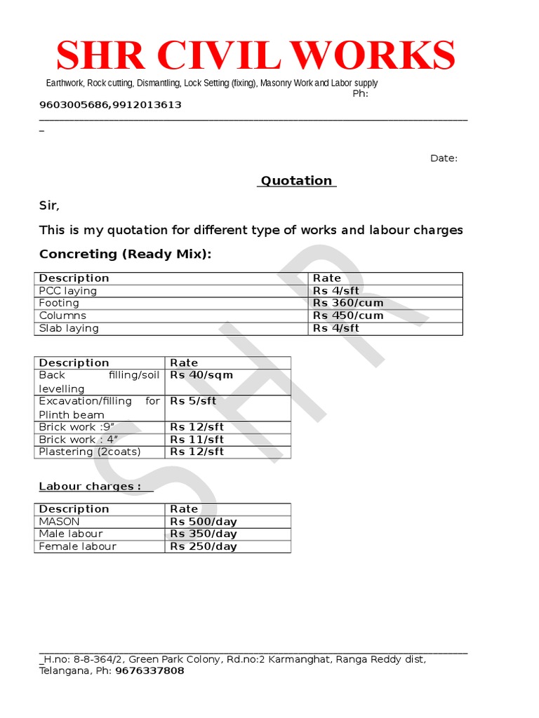 SHR Civil Works: Quotation | PDF