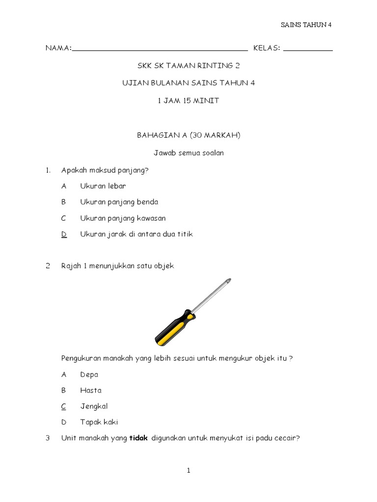 Ujian Sains Tahun 4 Bahagian A Pdf
