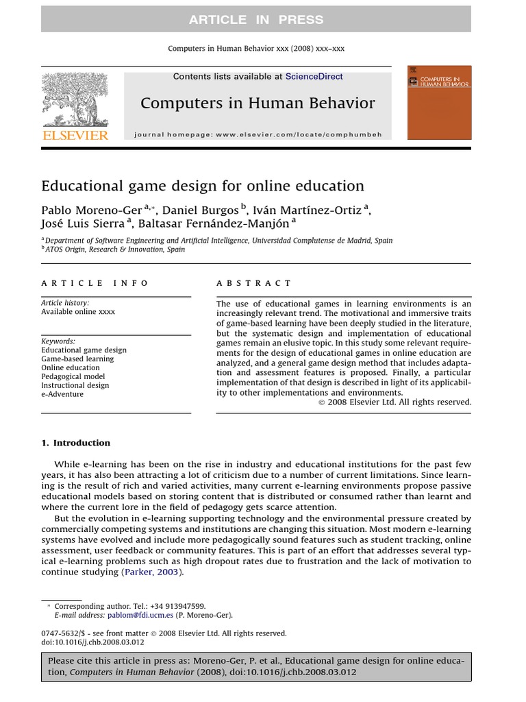 Computers in Human Behavior PDF Educational Technology Video Games