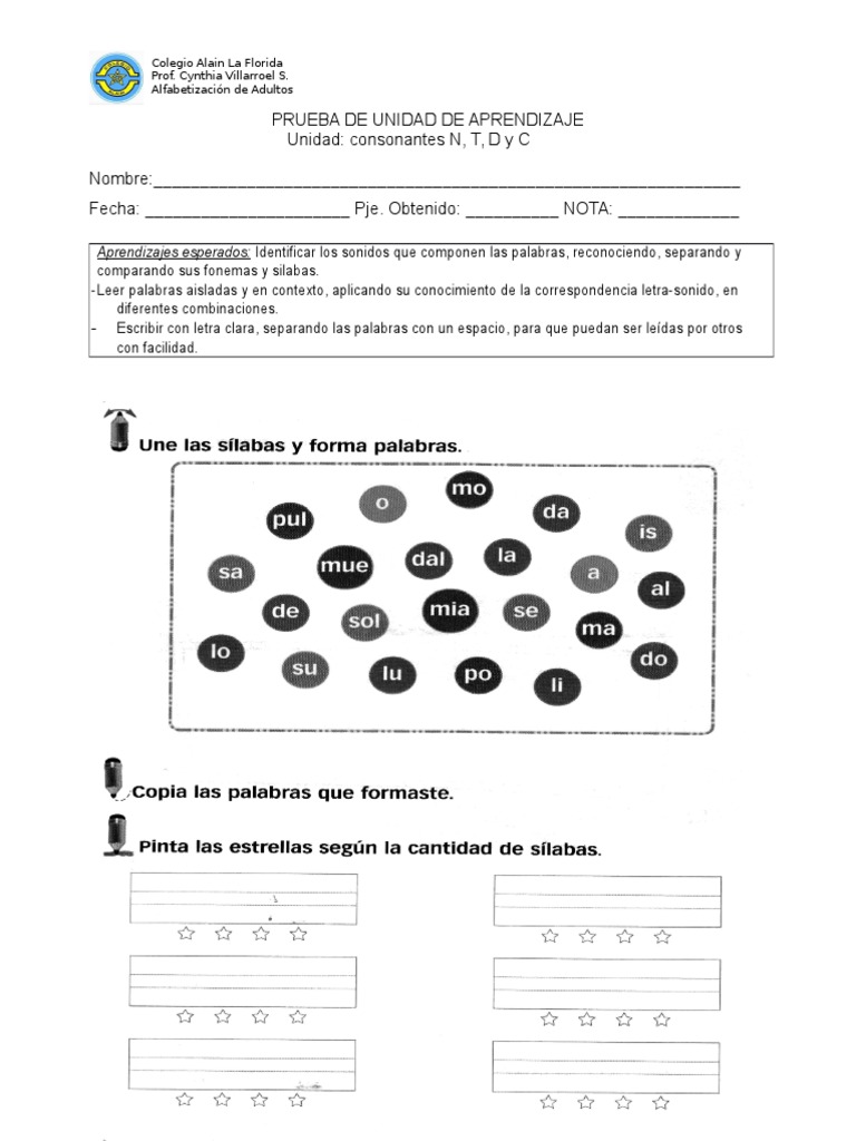 Prueba Consonantes N, D, T y C Alfabetización PDF