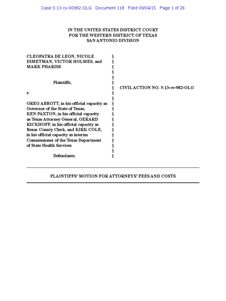 Plaintiffs' Motion For Attorneys' Fees and Costs | PDF | Obergefell V ...