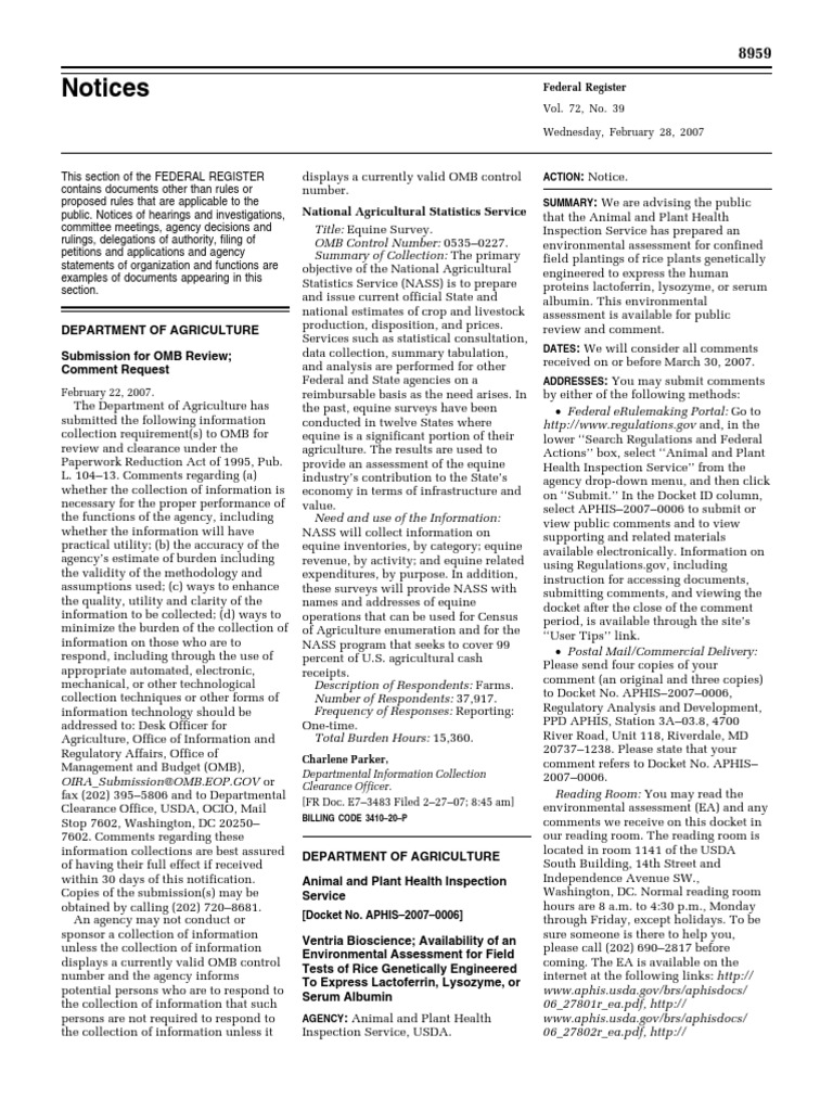 USDA Information Collection Notice | PDF | Genetic Engineering ...