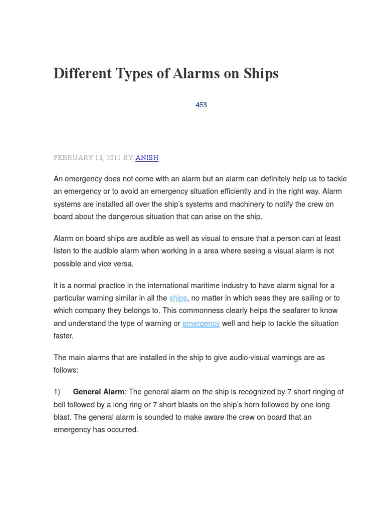 Different Types of Alarms On Ships PDF Boats Water Transport