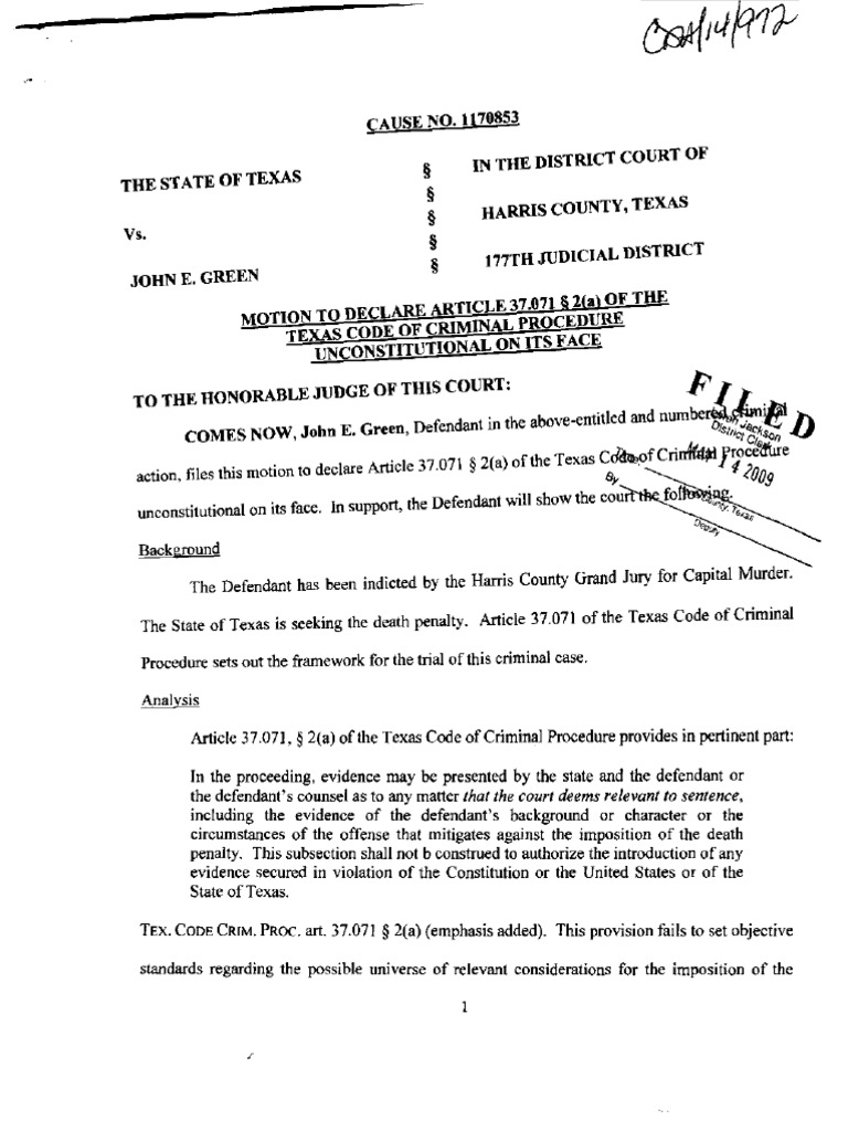 Motion To Declare Article 37.071 2 (A) Unconstitutional PDF Sixth