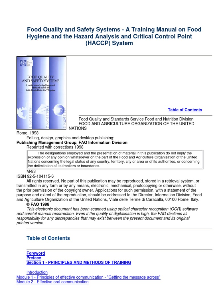 Fao Food Quality And Safety Systems Training Manual For Food