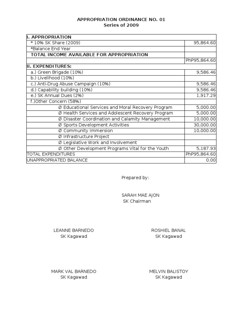 Barangay SK Appropriation Ordinance 2009 | PDF