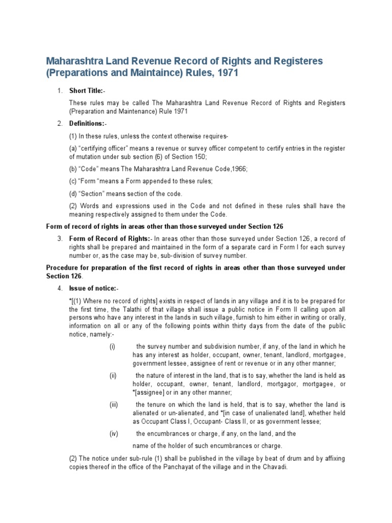 Maharashtra Land Revenue Record of Rights and Registeres Rules 1971 PDF