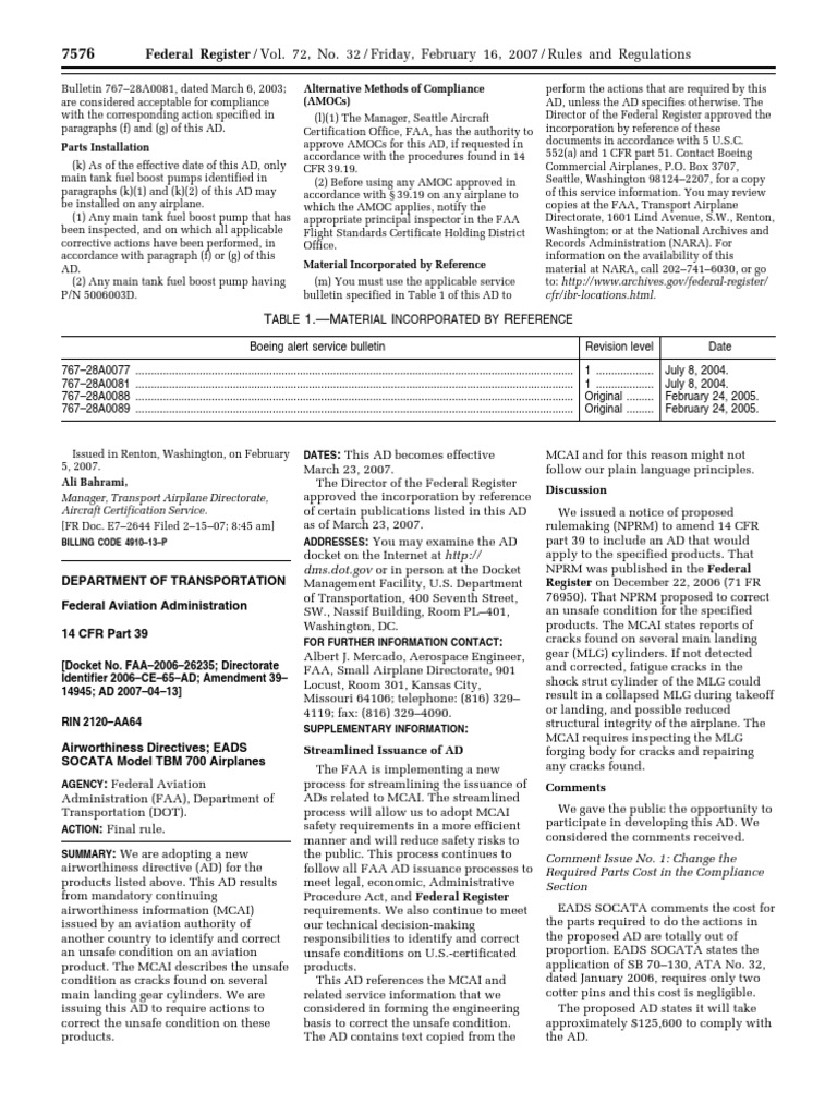 Rule Airworthiness directives Federal Aviation