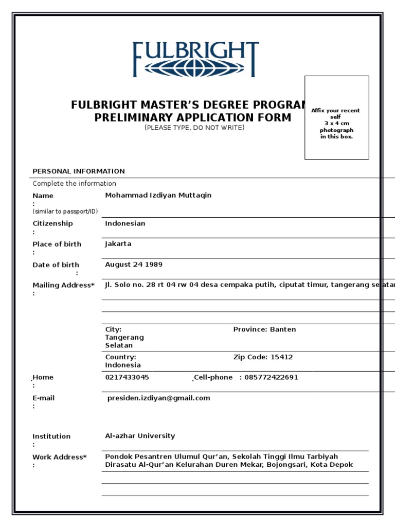 2016 Fulbright Master Application Form Izdiyan Pdf Graduate School