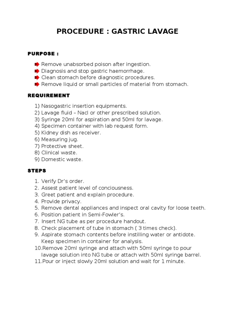 Gastric Lavage Procedure Overview | PDF | Syringe | Medicine