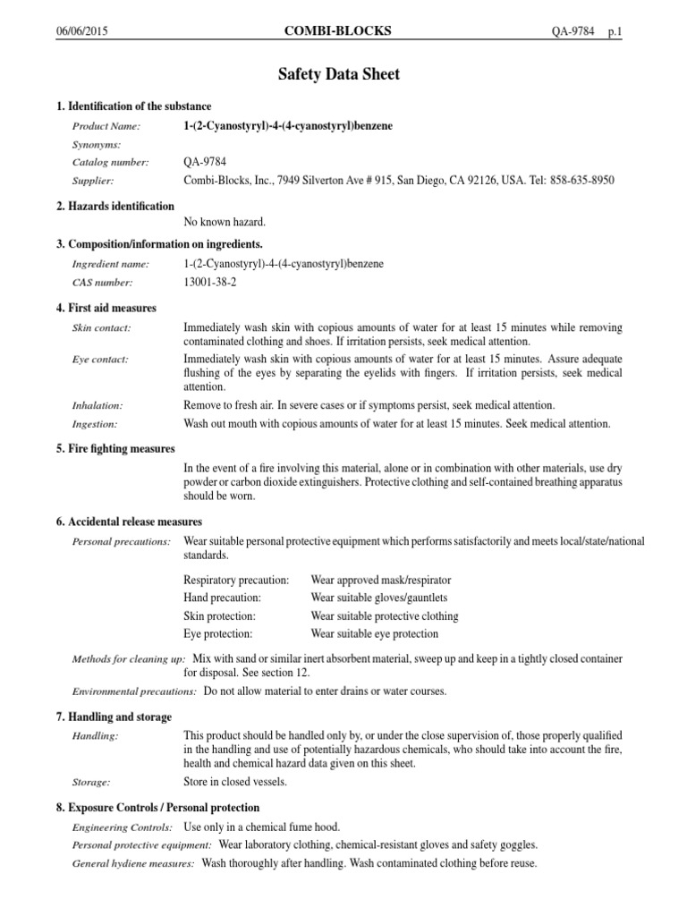 Safety Data Sheet for 1(2Cyanostyryl)4(4cyanostyryl)benzene PDF
