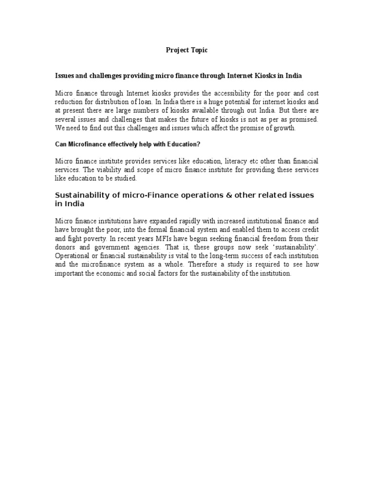 Project Topic: Sustainability of Micro-Finance Operations & Other ...