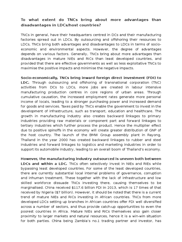 To What Extent Do TNCs Bring About More Advantages Than Disadvantages