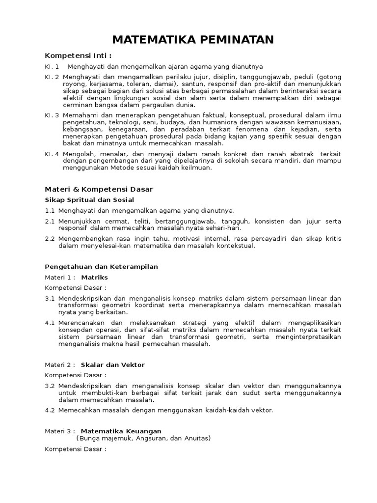 Daftar Materi Matematika Peminatan Kls Xii