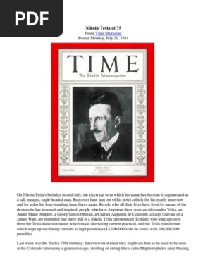 Nikola Tesla At 75 Time Magazine 1931 Nikola Tesla